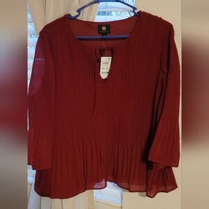 JM Collection Rich Red Pleated Blouse